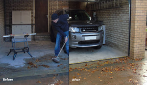 Before and after image of a 25mm garage door threshold seal being fitted
