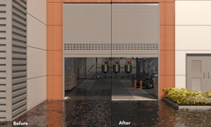 CGI render of a warehouse before and after a 15mm commercial door threshold seal has been installed