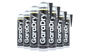 7 tubes of GaraDry adhesive and sealant on a white background