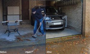 Before and after image of a 40mm garage door flood barrier being fitted in car garage