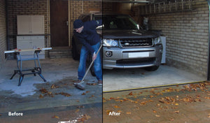Before and after of a dirty garage and a clean garage with a 20mm garage door weather seal fitted