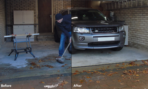 Before and after photos showing how a fitted 15mm garage door floor seal stops water and leaves