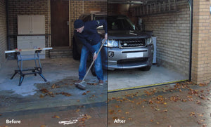 Before and after showing a dirty garage and one with a fitted 30mm garage door rain guard fitted