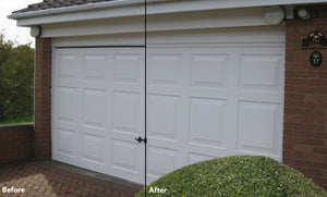 Before and after image showing how the top seal fits over a double width garage door