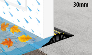 Drawing showing the 30mm garage door rain guard holding back rain and leaves