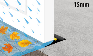 Illustration showing the 15mm garage door floor seal holding back rain and leaves