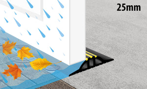 Illustration of a 25mm trade coil seal stopping water and leaves from entering a garage